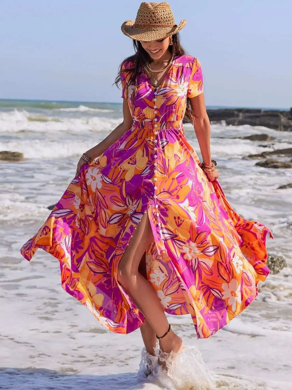 Printed V-Neck Short Sleeve Midi Dress - Trendsi - Flyclothing LLC