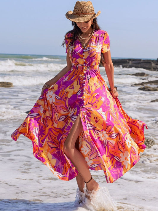 Printed V-Neck Short Sleeve Midi Dress - Trendsi