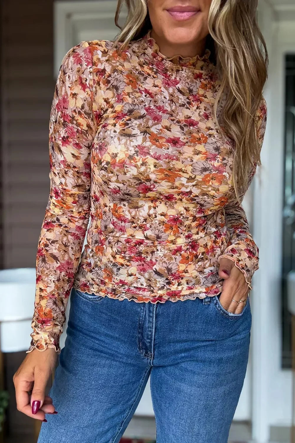 Floral Print Mesh Long Sleeve T-Shirt - Trendsi - Flyclothing LLC