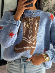 Boot Pattern Round Neck Dropped Shoulder Sweater - Trendsi