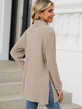 Slit Mock Neck Long Sleeve T-Shirt - Trendsi - Flyclothing LLC