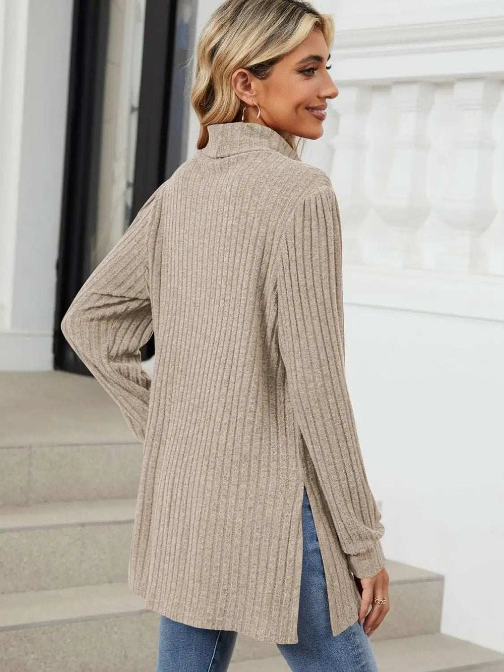 Slit Mock Neck Long Sleeve T-Shirt - Trendsi - Flyclothing LLC