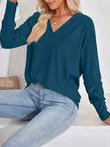 Plus Size V-Neck Textured Long Sleeve T-Shirt - Trendsi - Flyclothing LLC