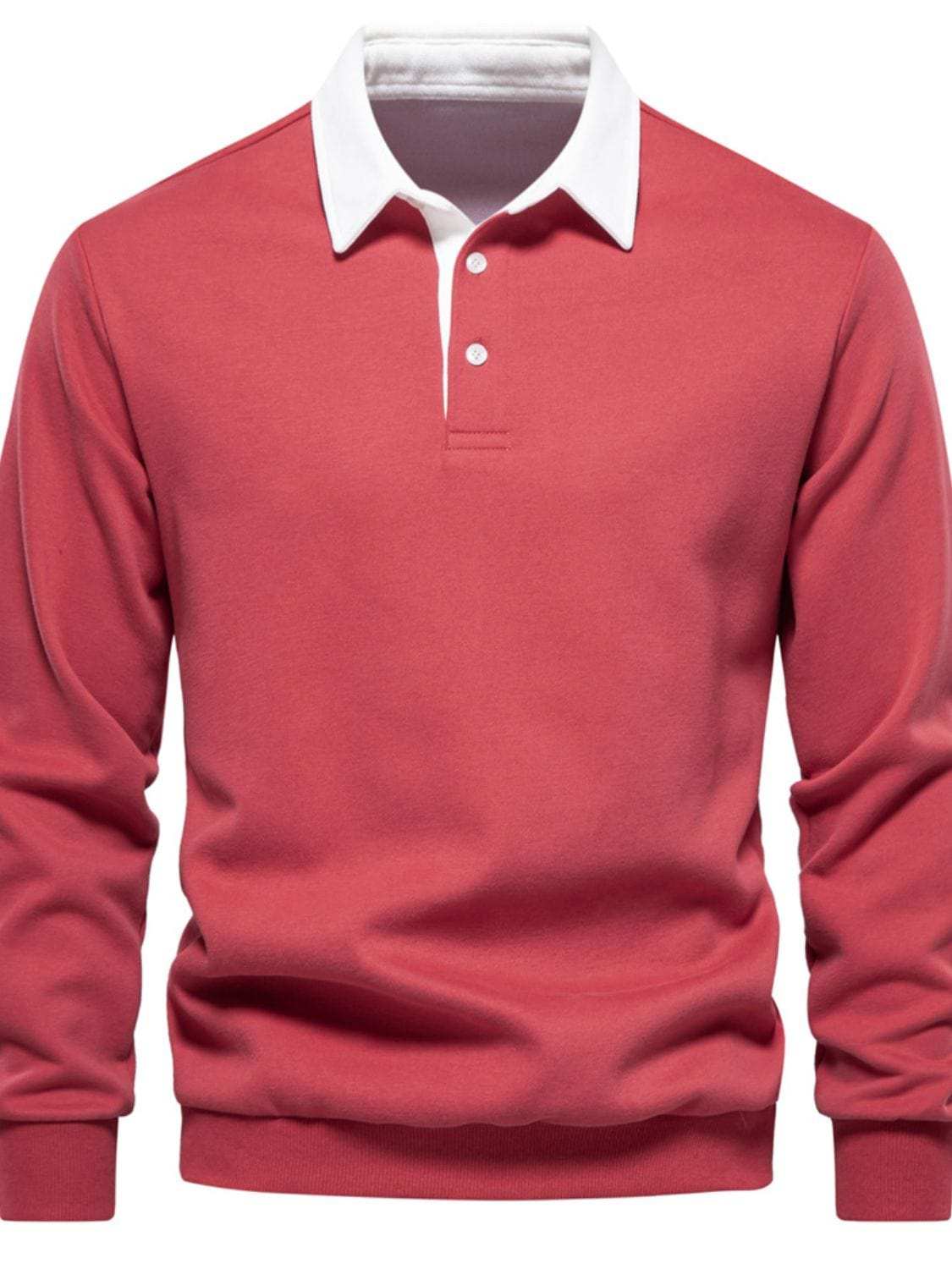 Men's Quarter Button Collared Neck Long Sleeve Polo - Trendsi - Flyclothing LLC