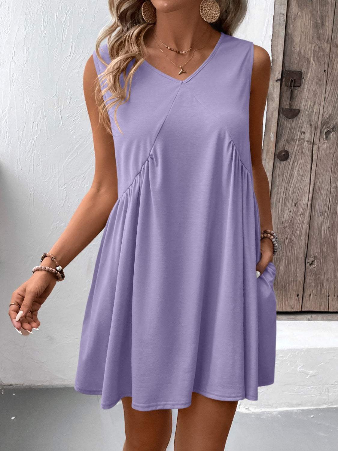 Ivy Lane Ruched V-Neck Sleeveless Mini Dress - Trendsi - Flyclothing LLC