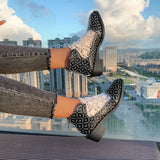 Printed Point Toe Block Heels Boots - Trendsi - Flyclothing LLC