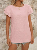 Eyelet Round Neck Double Layered Ruffled Short Sleeve Top - Trendsi - Flyclothing LLC