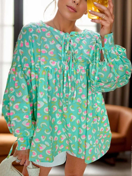 Tied Printed Long Sleeve Blouse - Trendsi - Flyclothing LLC