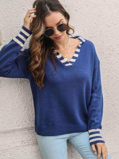 Striped Trim Drop Shoulder Sweater - Trendsi - Flyclothing LLC
