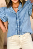 Button Down Raw Hem Ruffled Denim Shirt - Trendsi