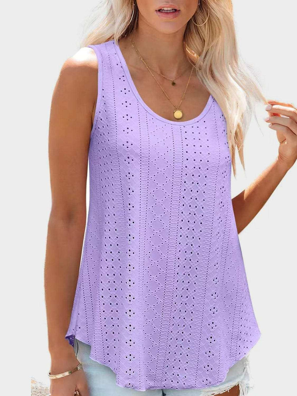 Florira Eyelet Round Neck Tank - Trendsi - Flyclothing LLC