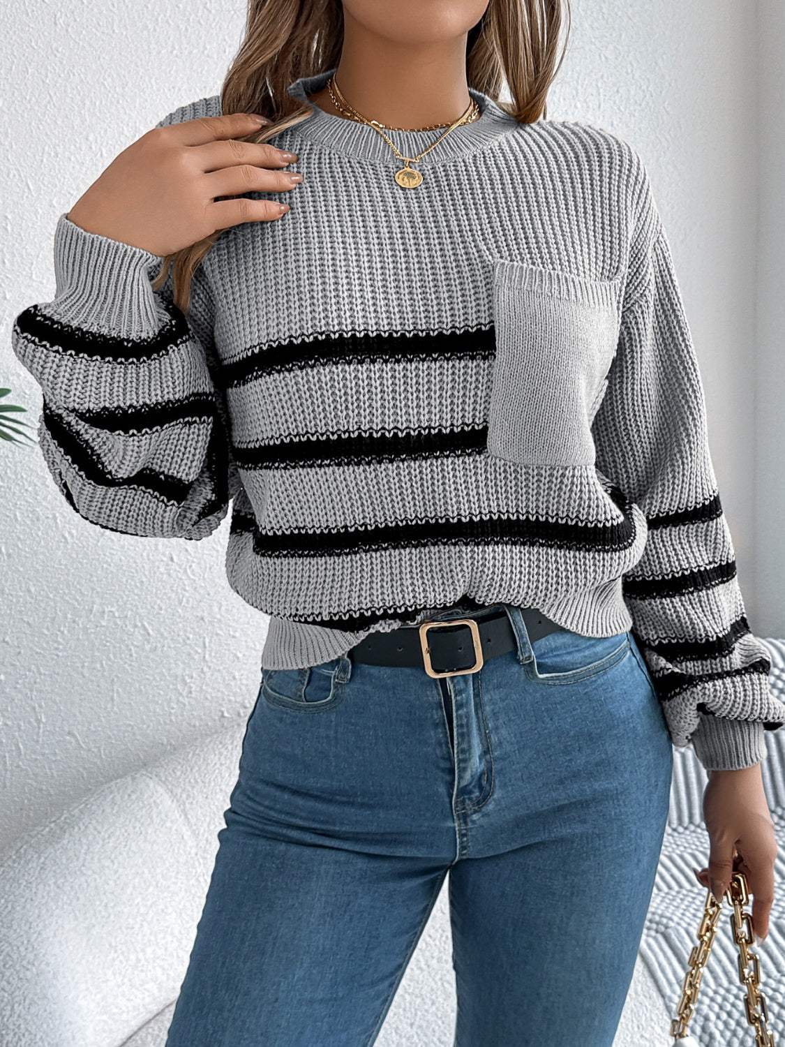Striped Round Neck Long Sleeve Sweater - Trendsi - Flyclothing LLC