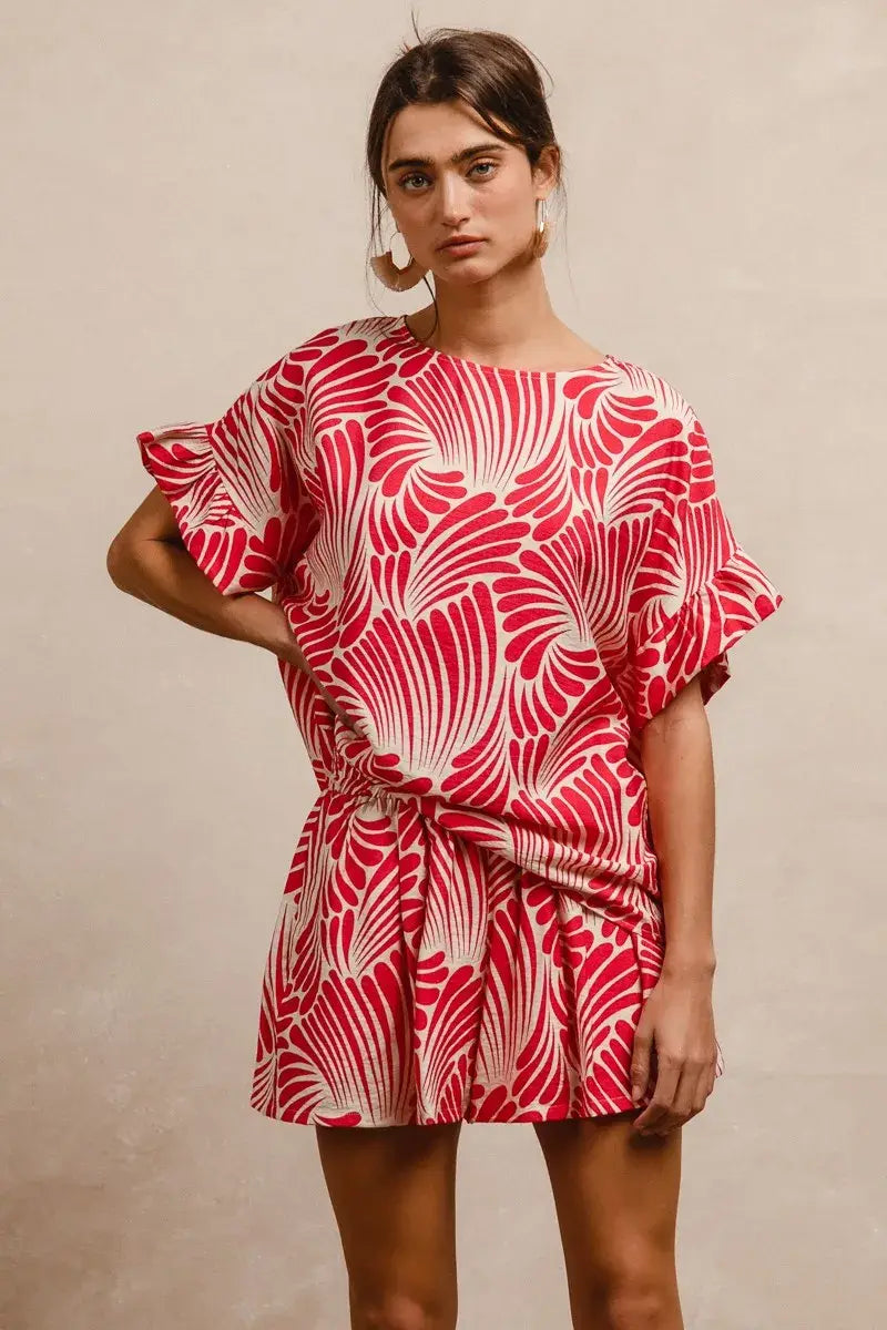 BiBi Print Woven Ruffled Sleeves Top - Trendsi - Flyclothing LLC