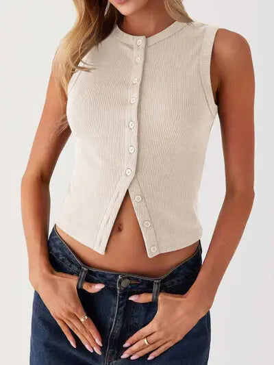 Lovelet Button Up Round Neck Tank - Trendsi - Flyclothing LLC