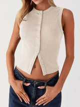 Lovelet Button Up Round Neck Tank - Trendsi - Flyclothing LLC