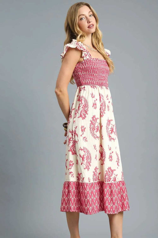 Umgee Printed Smocked Midi Dress with Ruffle Details - Trendsi - Flyclothing LLC
