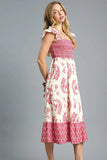 Umgee Printed Smocked Midi Dress with Ruffle Details - Trendsi