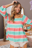 BiBi Stripe Printed Bubble Woven Balloon Sleeves Top - Trendsi - Flyclothing LLC