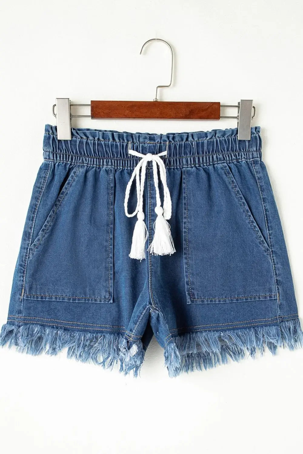 Raw Hem Drawstring High Waist Denim Shorts with Pockets - Trendsi - Flyclothing LLC