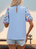 Embroidered Mock Neck Puff Sleeve Blouse - Trendsi