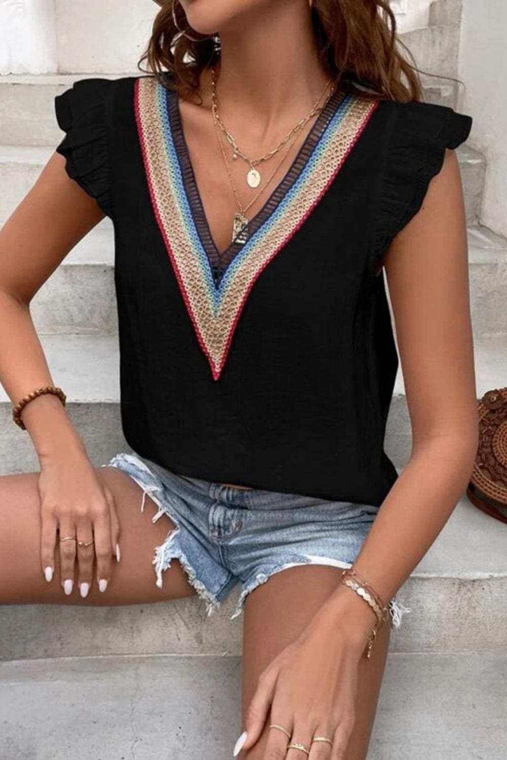 Full Size Ruffled V-Neck Cap Sleeve Blouse - Trendsi - Flyclothing LLC