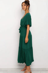 Front Tie Short Sleeve Tiered Midi Dress - Trendsi - Flyclothing LLC
