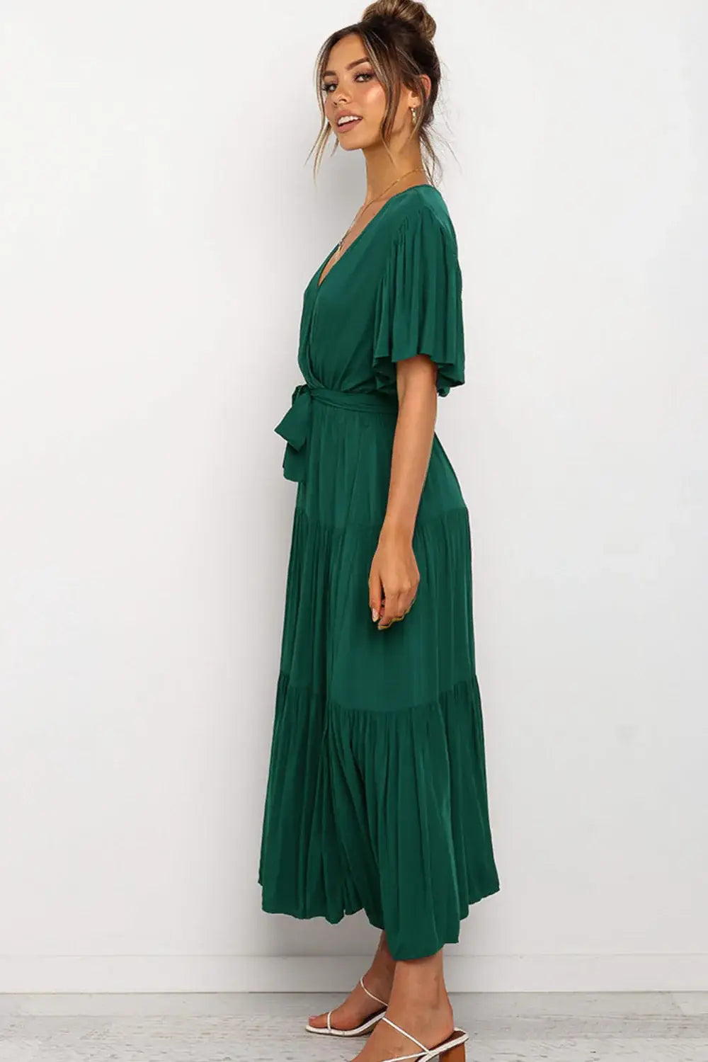 Front Tie Short Sleeve Tiered Midi Dress - Trendsi - Flyclothing LLC