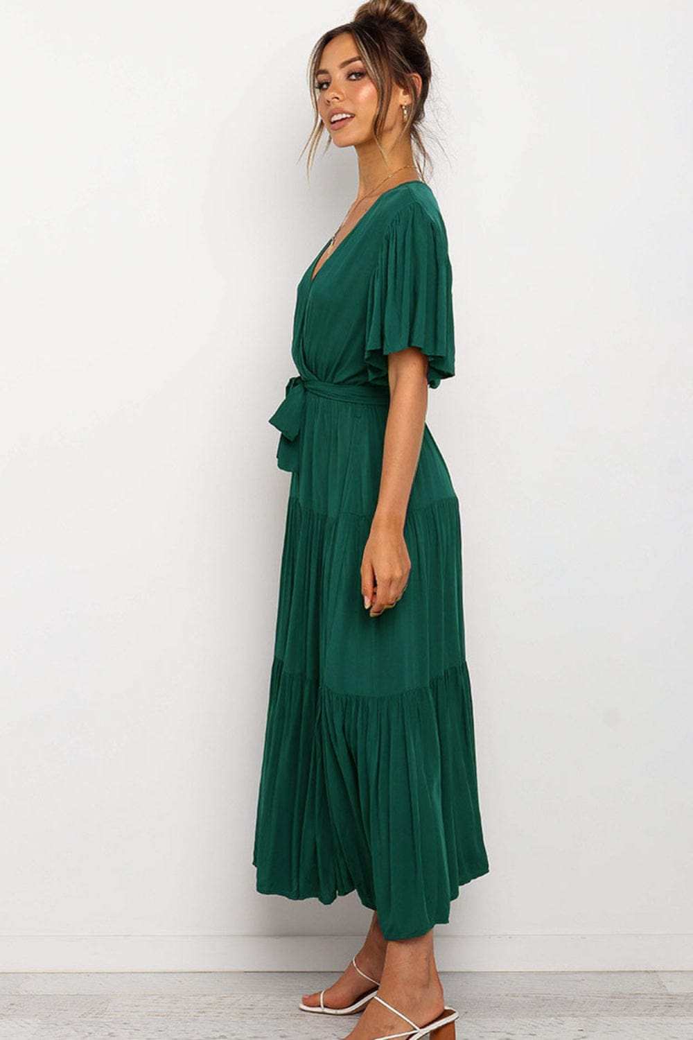 Front Tie Short Sleeve Tiered Midi Dress - Trendsi - Flyclothing LLC