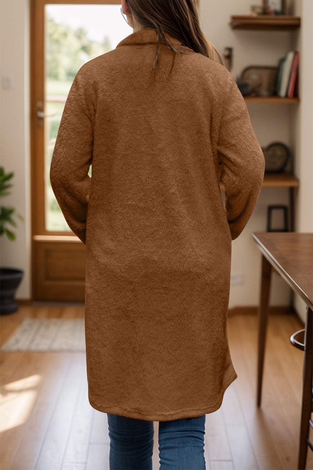 Full Size One Button Long Sleeve Longline Plush Coat - Trendsi - Flyclothing LLC