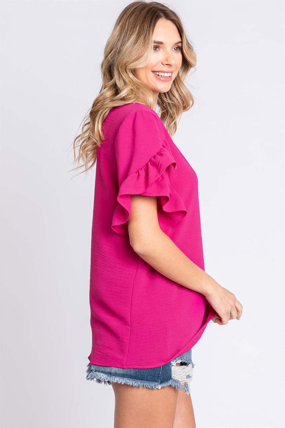 GeeGee V-Neck Ruffle Trim Short Sleeve Blouse - Trendsi - Flyclothing LLC