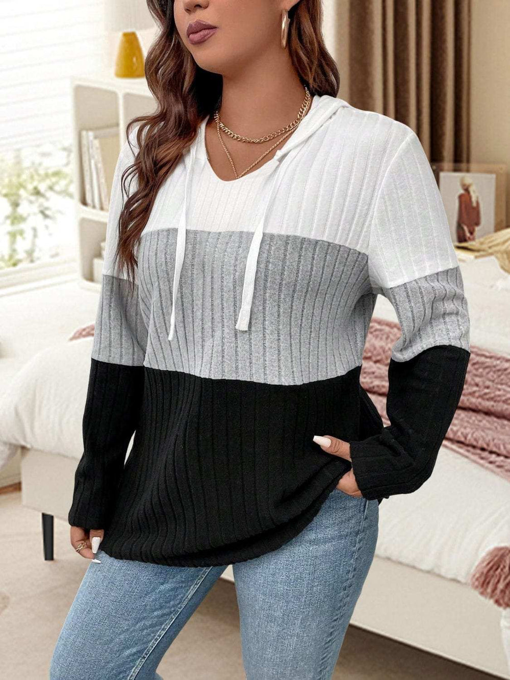 Plus Size Drawstring Color Block Long Sleeve Hooded Top - Trendsi - Flyclothing LLC