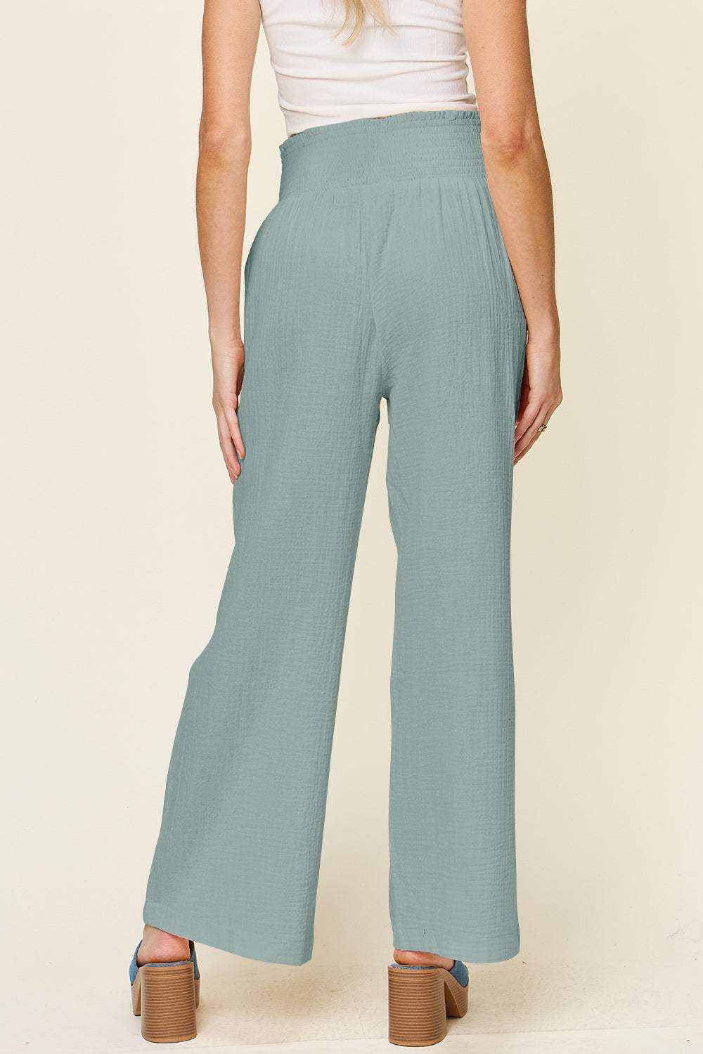 Double Take Full Size Texture Smocked Waist Wide Leg Pants - Trendsi - Flyclothing LLC