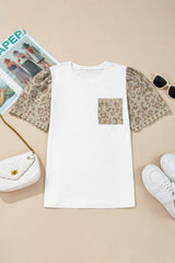 Leopard Patchwork Crochet Lace Trim Puff Sleeve T Shirt - Trendsi - Flyclothing LLC