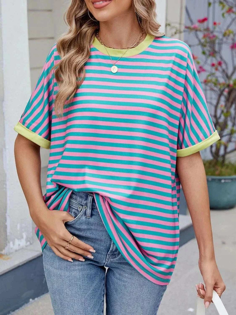 Striped Round Neck Half Sleeve T-Shirt - Trendsi - Flyclothing LLC