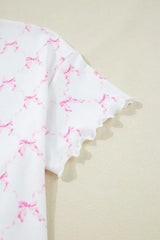 Bow Print Lettuce Trim Round Neck Top and Shorts Lounge Set - Trendsi - Flyclothing LLC