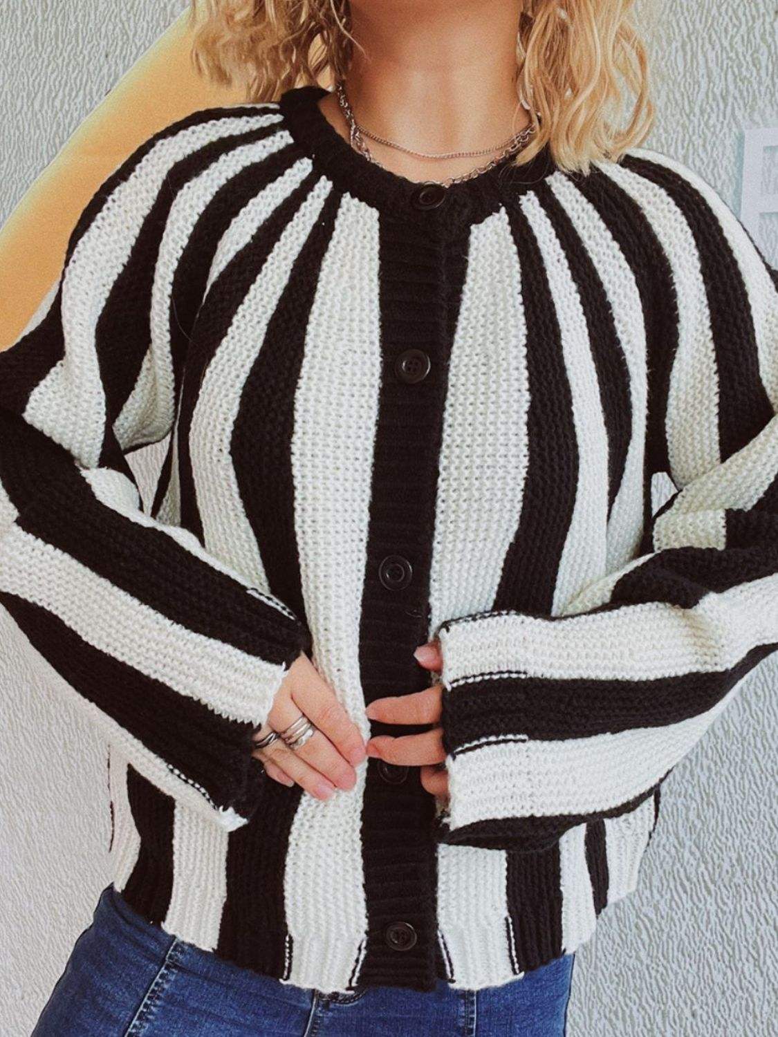 Contrast Stripes Button Down Long Sleeve Cardigan - Trendsi - Flyclothing LLC