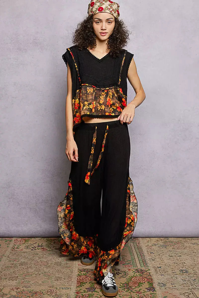 POL Lace Detail Floral Cropped Ruffled Top - Trendsi - Flyclothing LLC