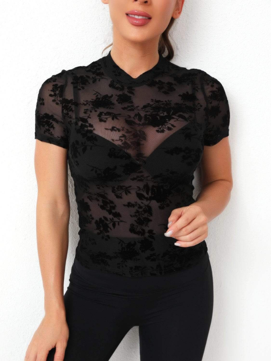 Mock Neck Short Sleeve Top - Trendsi - Flyclothing LLC