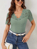 Lace Trim Eyelet Embroidered Summer T-Shirt - Trendsi - Flyclothing LLC