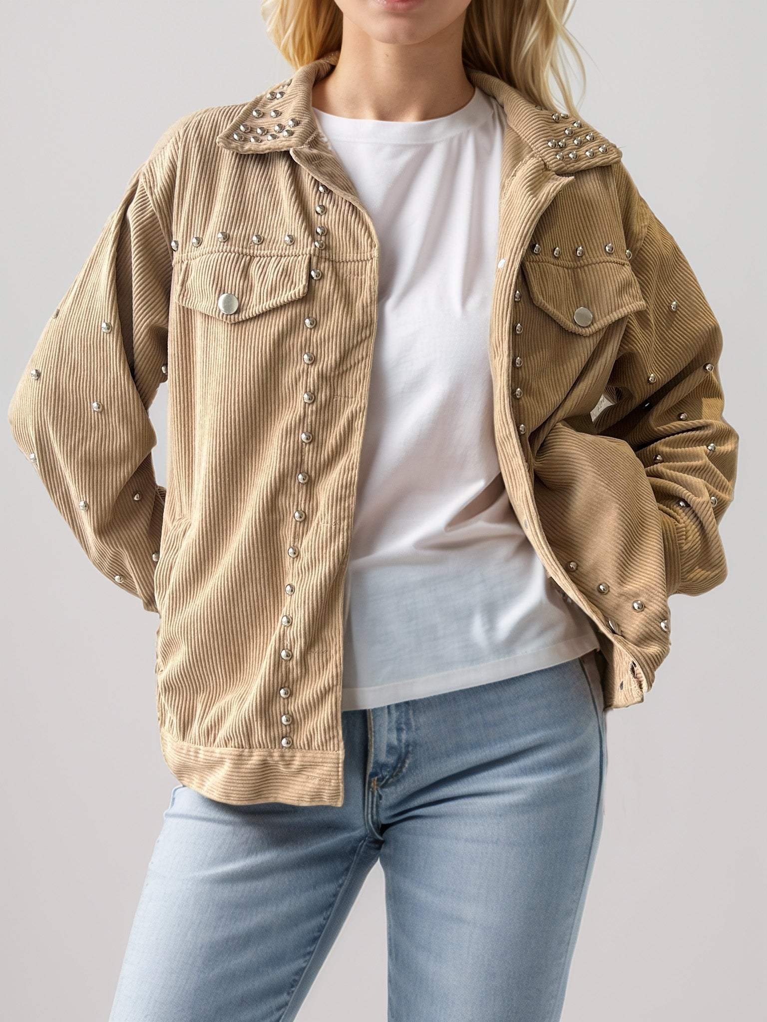 Studded Collared Neck Button Up Jacket - Trendsi - Flyclothing LLC