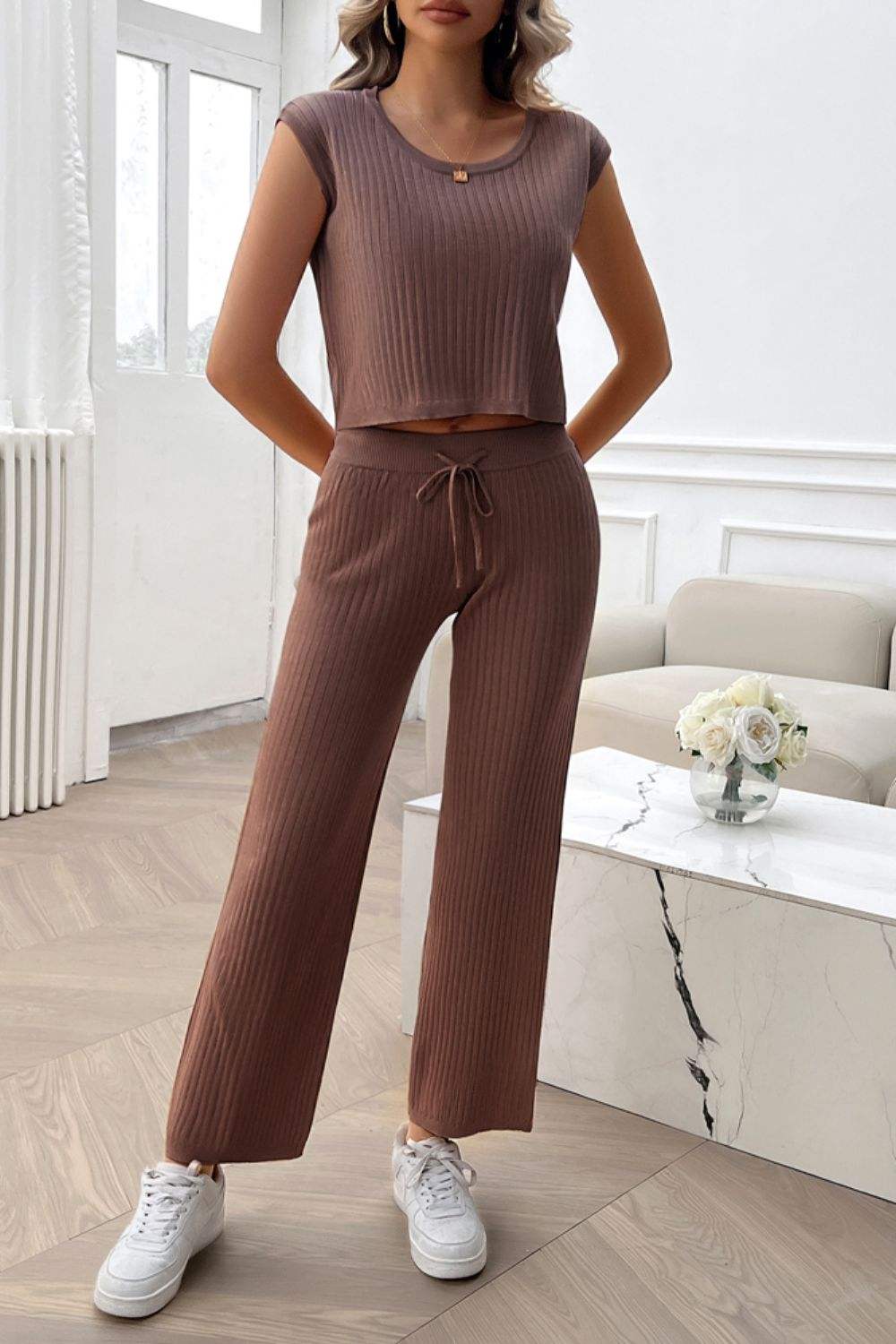 Ribbed Round Neck Top and Pants Set - Trendsi - Flyclothing LLC