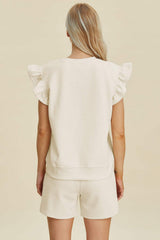 Double Take Full Size Texture Round Neck Ruffle Sleeve Top and Shorts Set - Trendsi - Flyclothing LLC