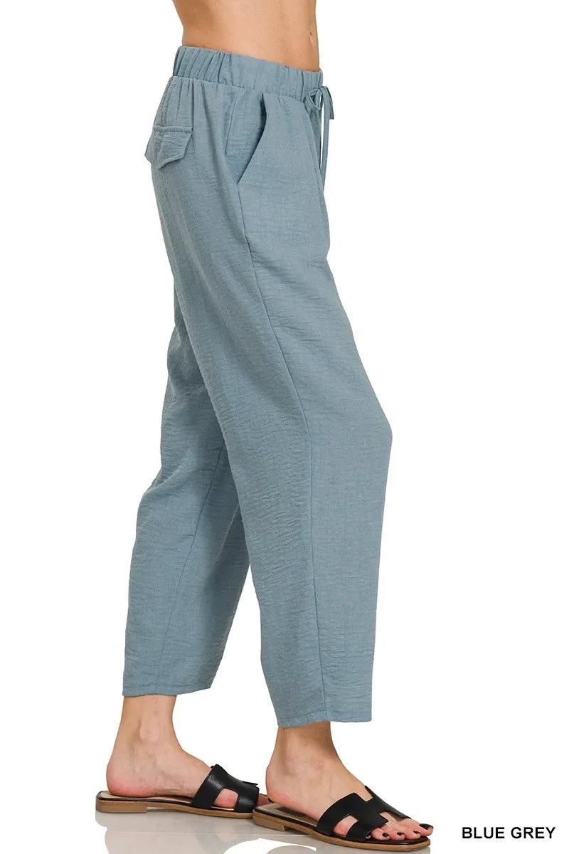 Zenana Woven Crepe Elastic Band Waist Pants - Trendsi - Flyclothing LLC