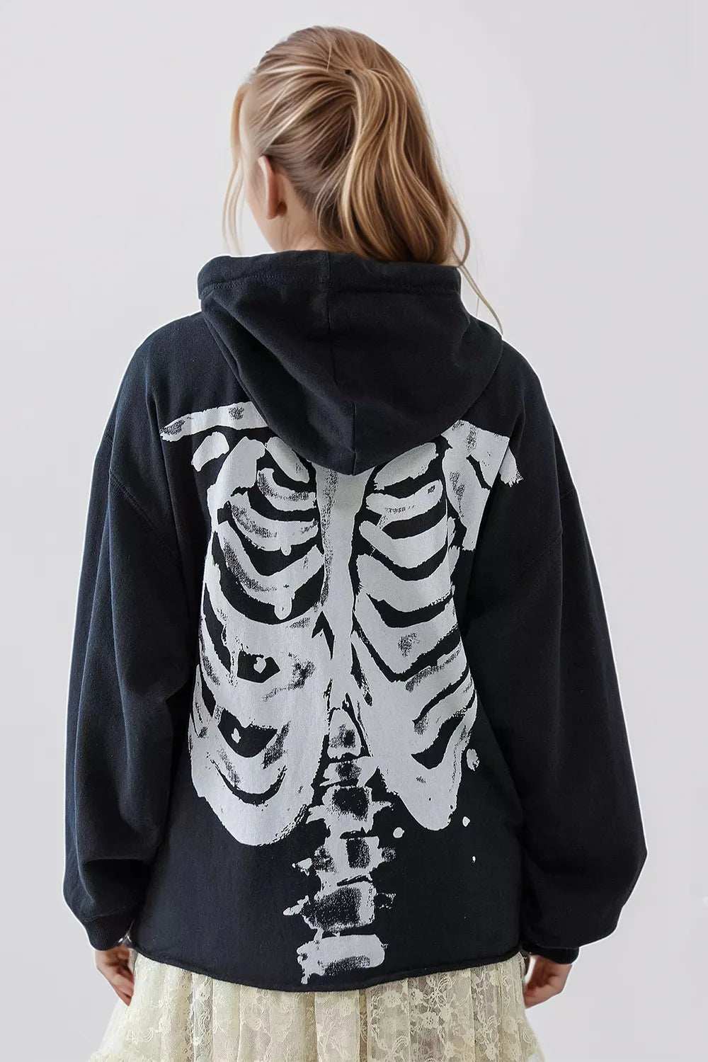 Skeleton Zip Up Drawstring Hoodie - Trendsi - Flyclothing LLC