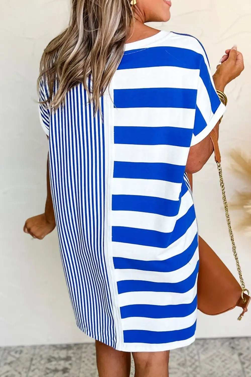 Stripe Mixed Short Sleeve Shift Mini Tee Dress - Trendsi - Flyclothing LLC