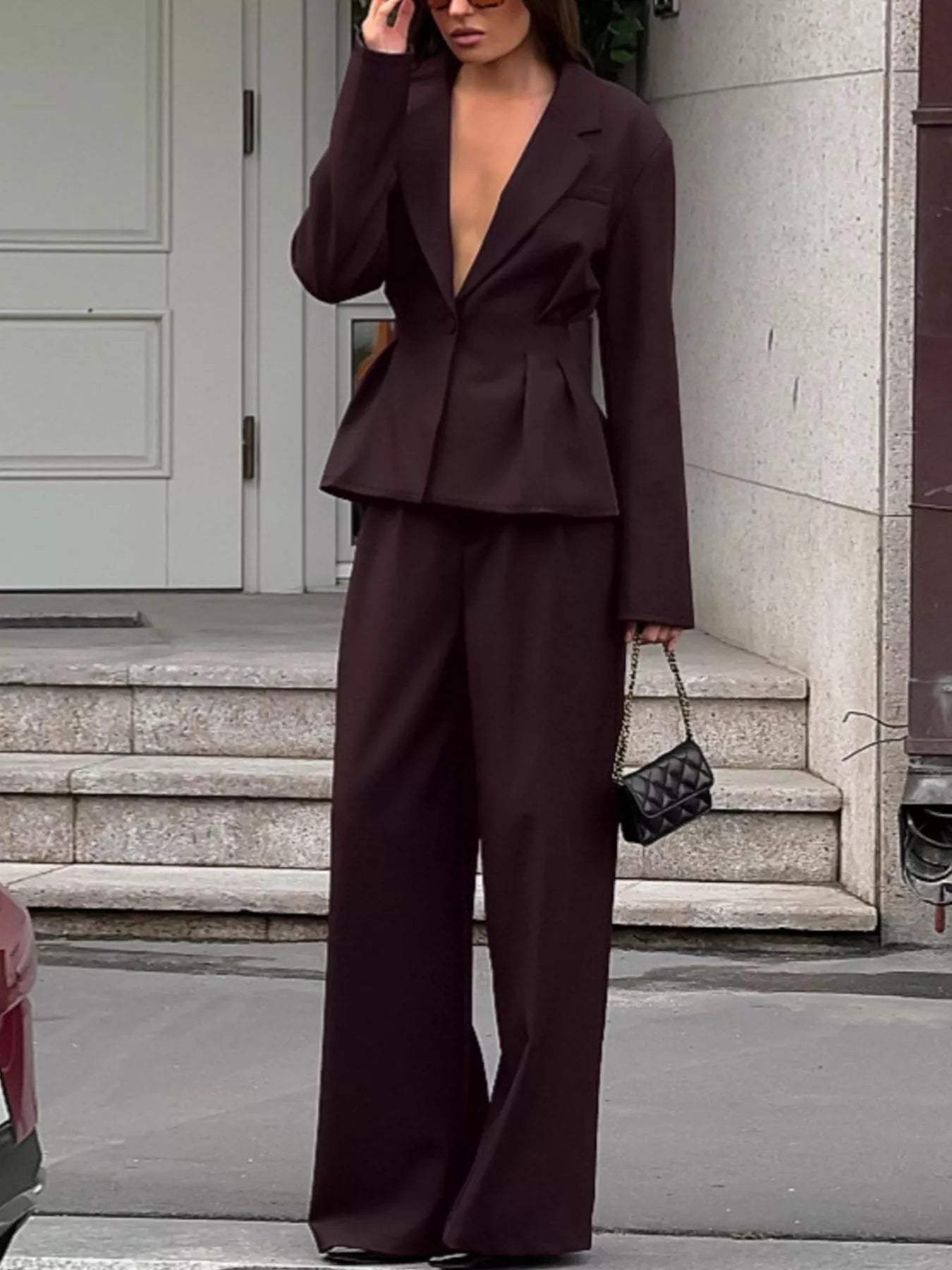 One-Button Blazer and Wide-Leg Pants Set - Trendsi - Flyclothing LLC