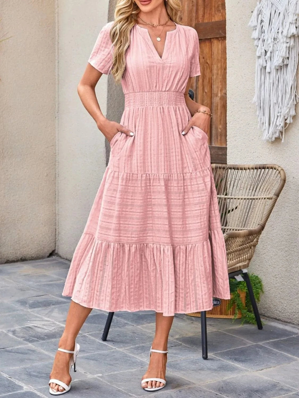 Tiered Notched Short Sleeve Dress - Trendsi