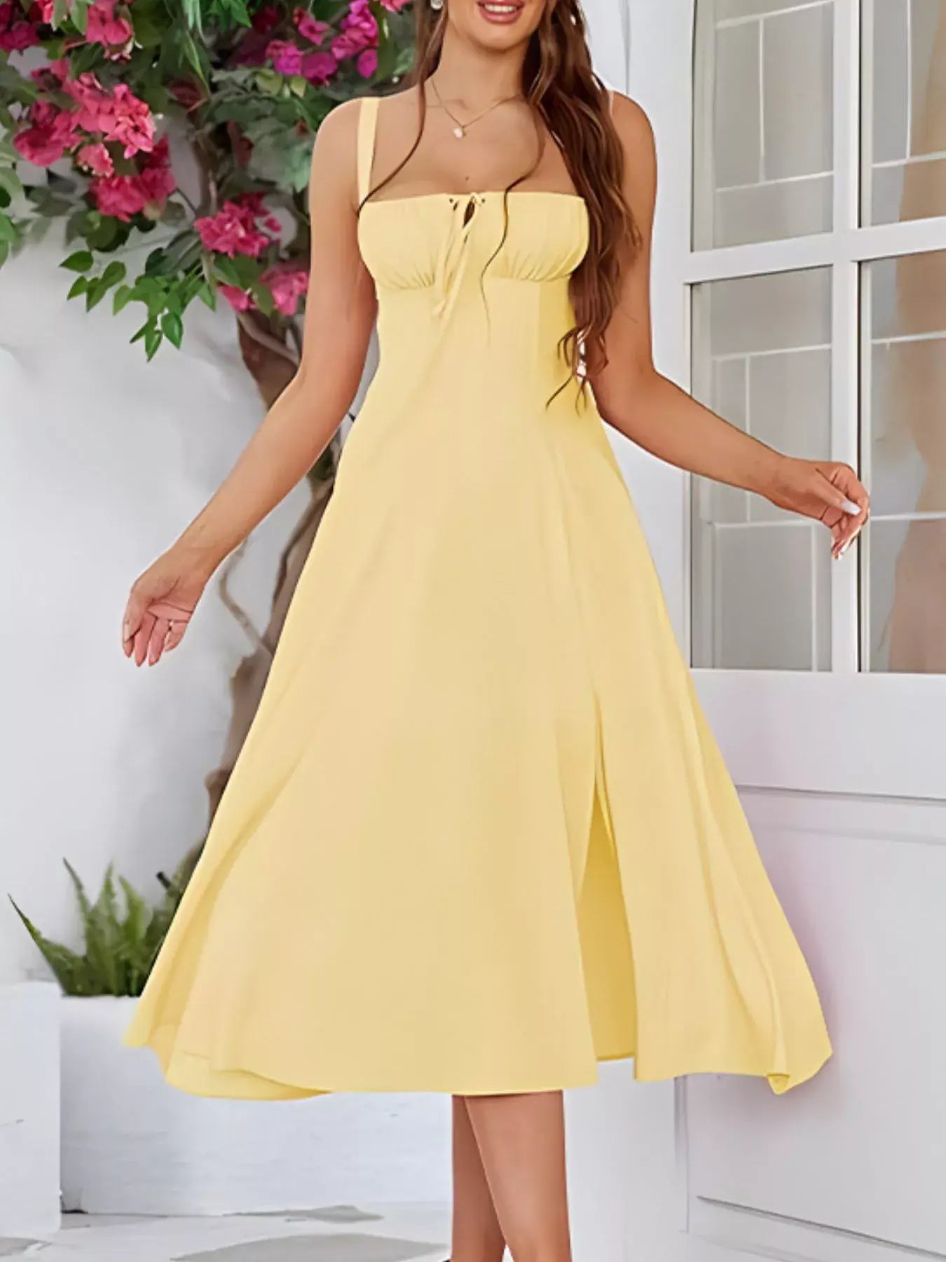 Tie-Front A-Line Midi Dress - Trendsi - Flyclothing LLC