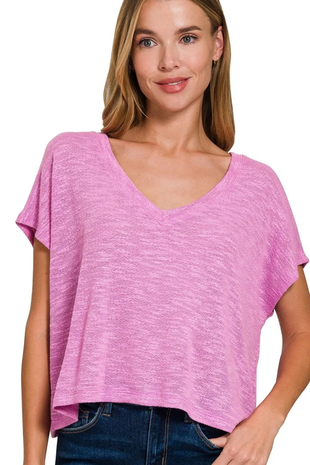 Zenana Hacci Slub V-neck Drop Shoulder Crop Top - Trendsi