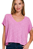 Zenana Hacci Slub V-neck Drop Shoulder Crop Top - Trendsi